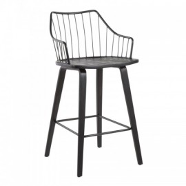 Farmhouse Counter Stool in Black Wood and Black Metal Winston