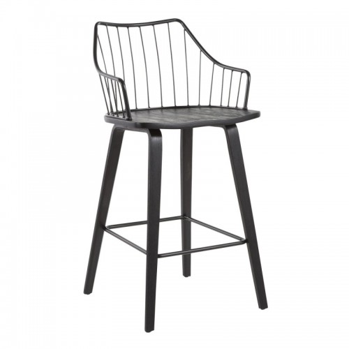 Farmhouse Counter Stool in Black Wood and Black Metal Winston