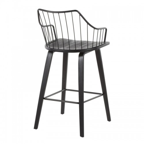 Farmhouse Counter Stool in Black Wood and Black Metal Winston