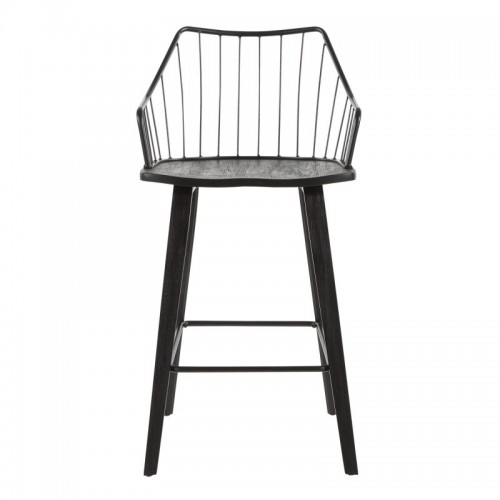 Farmhouse Counter Stool in Black Wood and Black Metal Winston