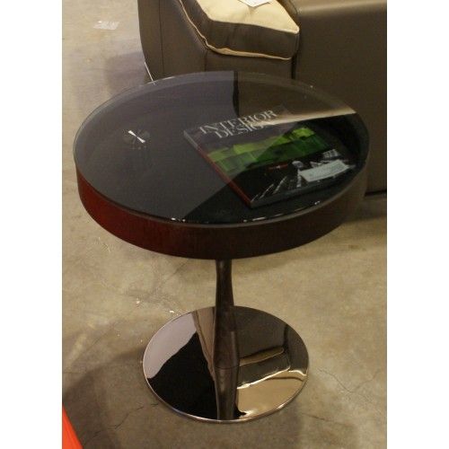 Modern Round Wenge Side Table with Swivel Glass Top and Storage Time