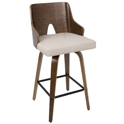 Set of 2 Mid-Century Modern Counter Stools in Walnut and Beige Fabric Ariana LumiSource - 1