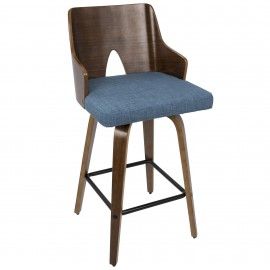 Set of 2 Mid-Century Modern Counter Stools in Walnut and Blue Fabric Ariana