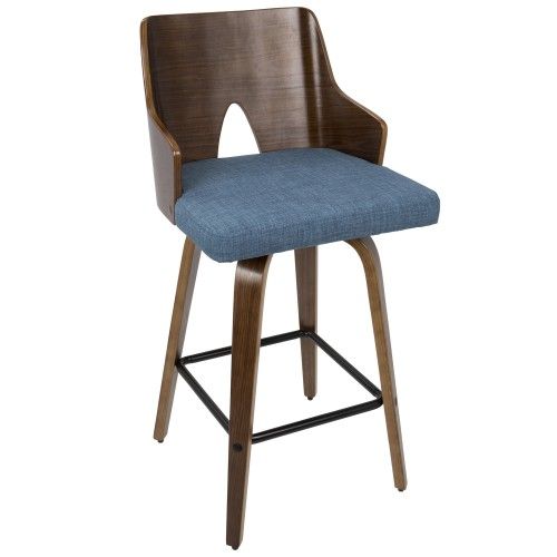 26" Mid-Century Modern Counter Stool in Walnut and Blue Fabric Ariana