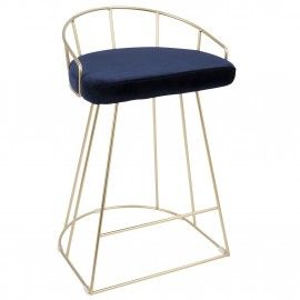 2 Contemporary Counter Stools in Gold and Blue Velvet Canary
