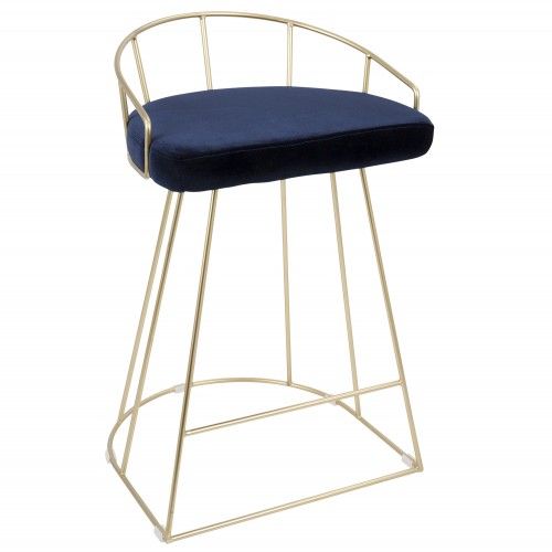 Contemporary Counter Stool in Gold and Blue Velvet Canary