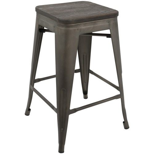 Set of 2 Industrial Stackable Counter Stools with Antique Frame and Espresso Wood Oregon LumiSource - 1