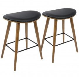 Set of 2 Mid-Century Modern Counter Stools in Walnut and Black Saddle