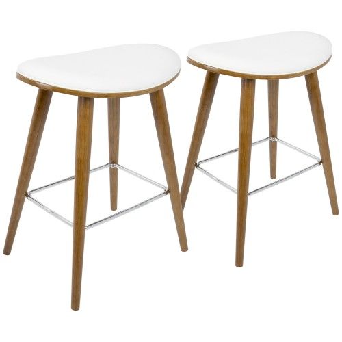 Mid-Century Modern Counter Stools in Walnut and White Saddle