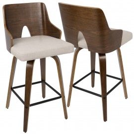 Set of 2 Mid-Century Modern Counter Stools in Walnut and Beige Fabric Ariana LumiSource - 2