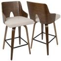 Set of 2 Mid-Century Modern Counter Stools in Walnut and Beige Fabric Ariana