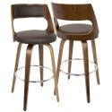 Set of 2 Mid-century Modern Bar Stools in Walnut and Brown Cecina