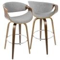 Set of 2 Mid-Century Modern Bar stools in Walnut Wood and Grey Fabric Curvini