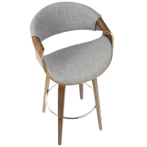 Mid-Century Modern Barstool in Walnut Wood and Grey Fabric Curvini