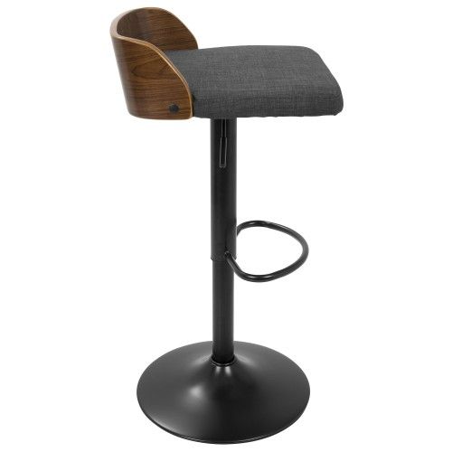 Mid-Century Modern Adjustable Bar stool in Walnut and Charcoal Fabric Maya LumiSource - 4