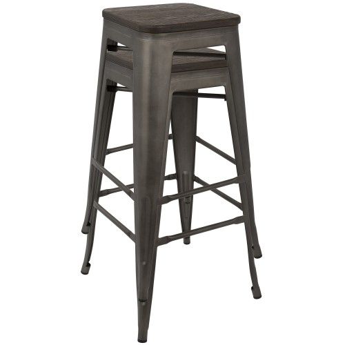Set of 2 Stackable Industrial Bar stools with Dark Espresso Top and Antique Finished base Oregon LumiSource - 2