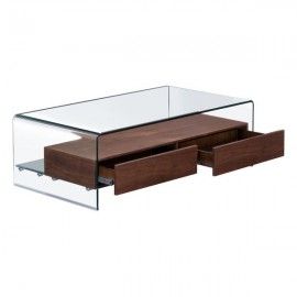 Modern Bent Glass Coffee Table with Walnut Drawers Shaman