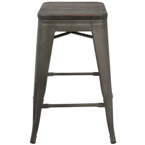Set of 2 Industrial Stackable Counter Stools with Antique Frame and Espresso Wood Oregon LumiSource - 2