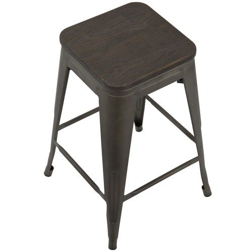 Set of 2 Industrial Stackable Counter Stools with Antique Frame and Espresso Wood Oregon LumiSource - 3