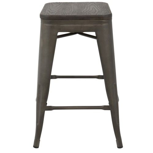 Set of 2 Industrial Stackable Counter Stools with Antique Frame and Espresso Wood Oregon LumiSource - 4