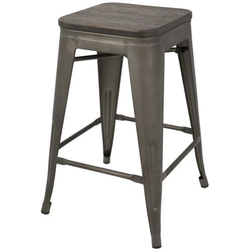 Set of 2 Industrial Stackable Counter Stools with Antique Frame and Espresso Wood Oregon LumiSource - 5