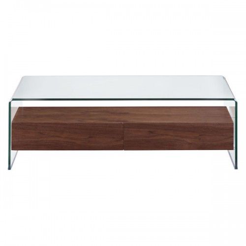 Modern Bent Glass Coffee Table with Walnut Drawers Shaman