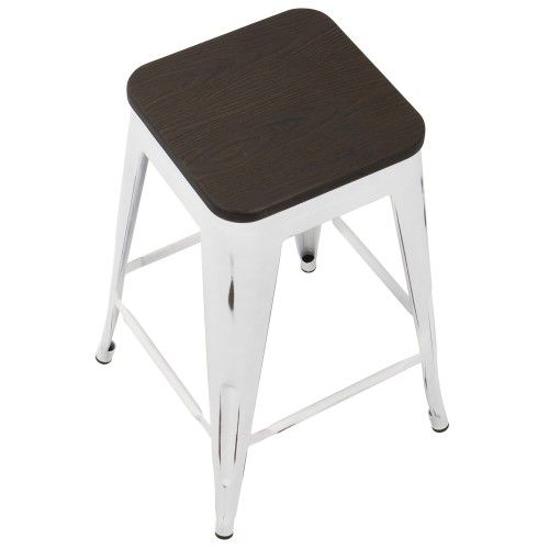 Set of 2 Industrial Stackable Counter Stools with White Frame and Espresso Wood Oregon LumiSource - 3