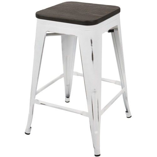 Set of 2 Industrial Stackable Counter Stools with White Frame and Espresso Wood Oregon LumiSource - 5