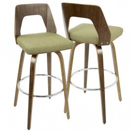 Set of 2 Mid-Century Modern Barstools in Walnut and Green Trilogy