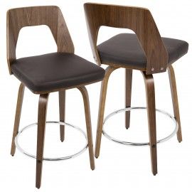 Set of 2 Mid-Century Modern Counter Stools in Walnut and Brown Trilogy