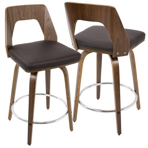 Set of 2 Mid-Century Modern Counter Stools in Walnut and Brown Trilogy LumiSource - 1