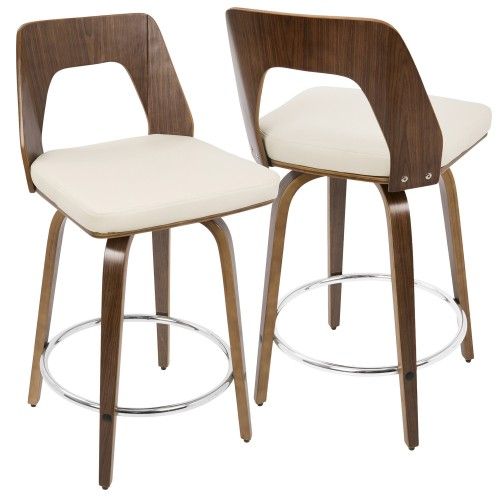 Set of 2 Mid-Century Modern Counter Stools in Walnut and Cream Trilogy LumiSource - 1