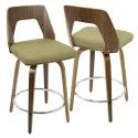 Set of 2 Mid-Century Modern Counter Stools in Walnut and Vintage Green Trilogy