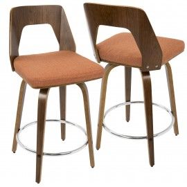 Set of 2 Mid-Century Modern Counter Stools in Walnut and Orange Trilogy
