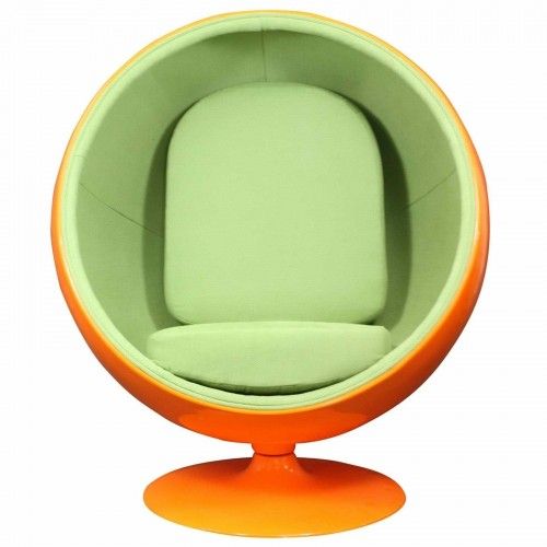Modern ball shaped orange and green lounge chair inspired by Eero Aarnio design