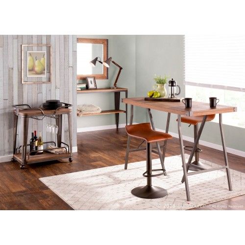 Set of 2 Industrial Bar stools in Brown faux leather with antique metal base Ale