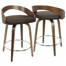 Set of 2 Mid-Century Modern Counter Stools in walnut and brown Grotto