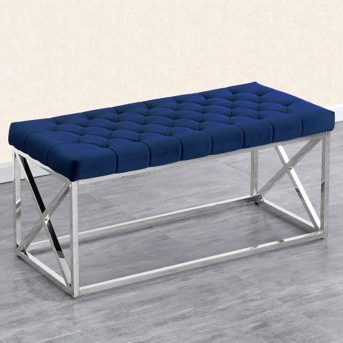 Modern Blue Velvet bench with Chromed Steel Legs Almeria