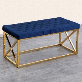 Modern Blue Velvet bench with Golden Steel Legs Almeria