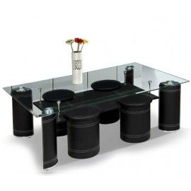 Modern black and glass coffee table with stools Vigo