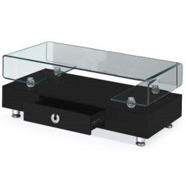 Contemporary black coffee table with drawer and glass top Cordoba