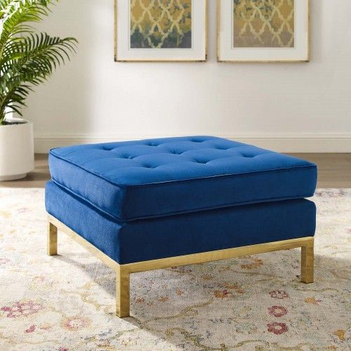 Modern Gold Stainless Steel and Navy Blue Velvet Ottoman Loft