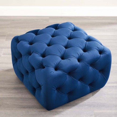 Modern Tufted Navy Blue Velvet Ottoman Anthem