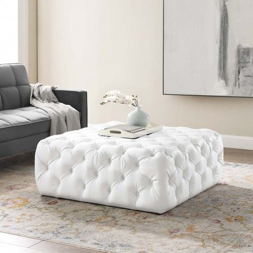 Modern Tufted White Leather Ottoman Anthem