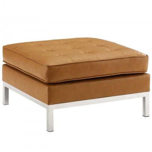 Modern Tufted Tan Faux Leather Ottoman Loft