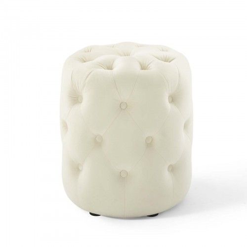 Modern Tufted Round Ivory Velvet Ottoman Anthem