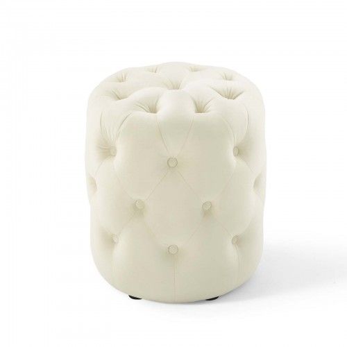 Modern Tufted Round Ivory Velvet Ottoman Anthem