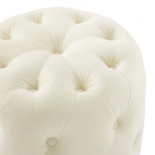 Modern Tufted Round Ivory Velvet Ottoman Anthem