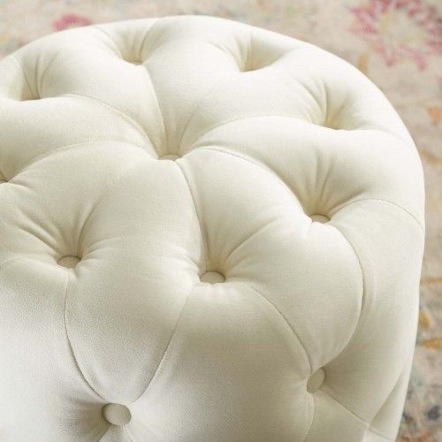 Modern Tufted Round Ivory Velvet Ottoman Anthem