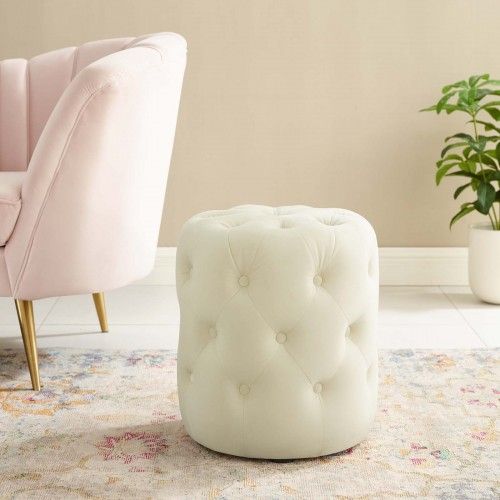 Modern Tufted Round Ivory Velvet Ottoman Anthem